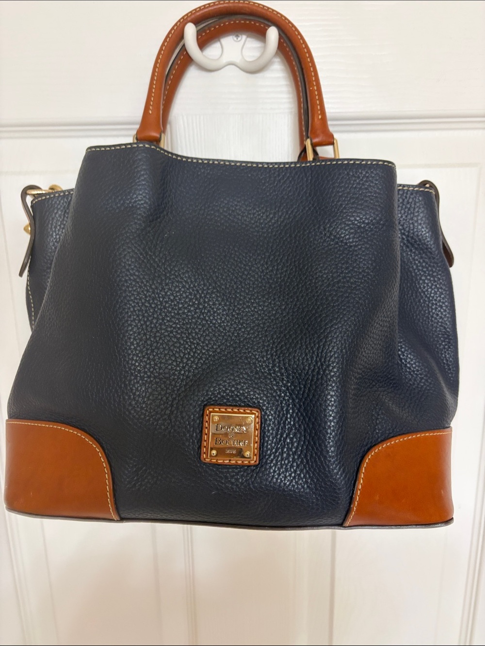 Dooney & Bourke Navy Pebbled Leather Tote with Tan Trim